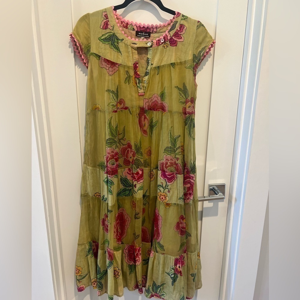The wild orchid sheer soft dress  green and yellow size Medium bohemian boho - Picture 5 of 5